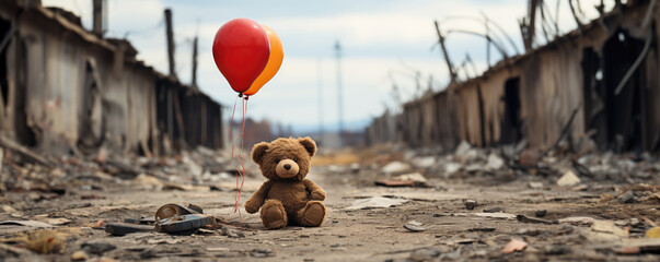 Fototapeta kids teddy bear toy with balloons over city burned destruction of an aftermath war conflict, earthquake or fire and smoke of world war against children peace innocence as copyspace banner obraz