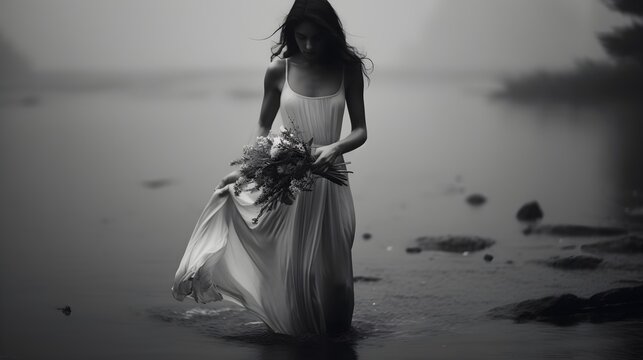  A beautiful half length black and white portrait of a dusky maiden walking through water in a flowing dress, she is holding a dainty bouquet of precisely arranged wild flowers, Generative AI