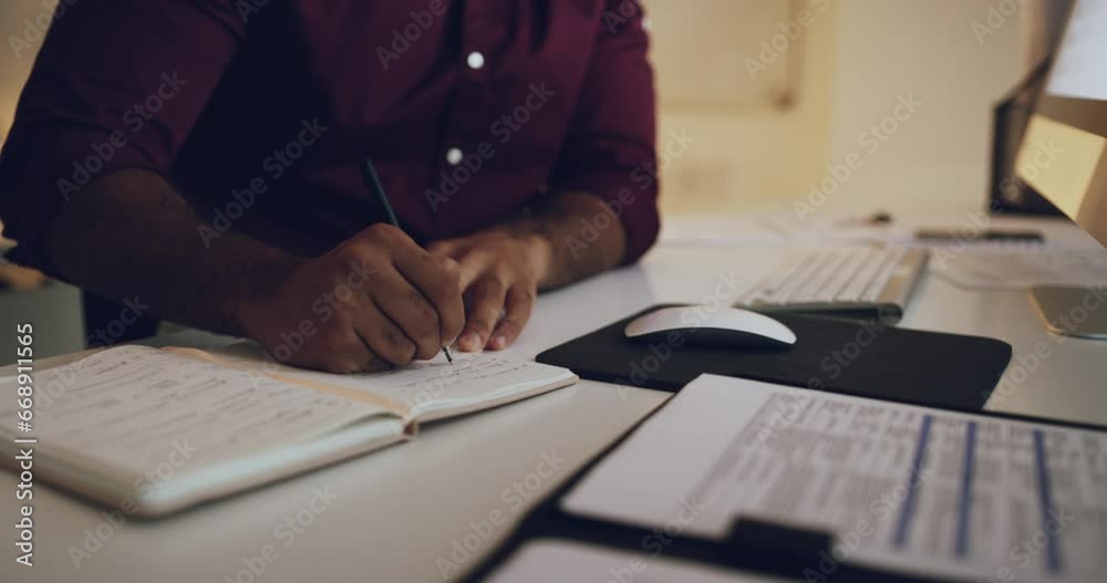 Poster man, writing and working on deadline at night, notebook and strategy or plan for company growth. bus