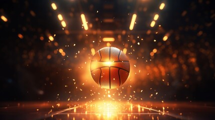 Close up basket ball in an arena blurred cinematic background, basket ball on floor