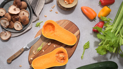 Autumn vegetables arranged on a kitchen worktop