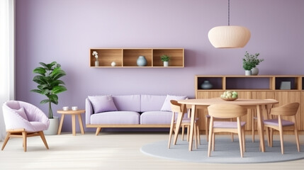 lilac color chairs at round wooden dining table in room with sofa and cabinet. generative ai
