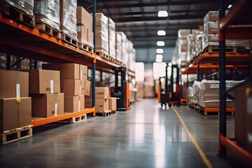 Warehouse interior with rows of boxes on shelves. Shallow depth of field