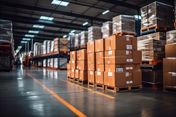 Warehouse interior with rows of boxes on shelves. Shallow depth of field