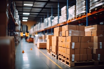 Warehouse interior with rows of boxes on shelves. Shallow depth of field