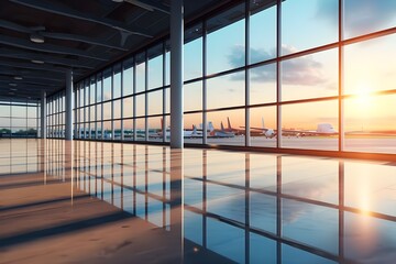 Empty airport terminal at sunset. Travel concept. 3D Rendering