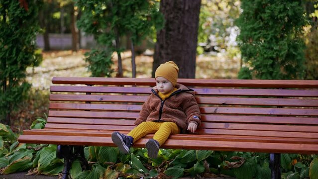 Beautiful toddler boy sits on the bench waving his foot. Calm baby boy resting in the park.