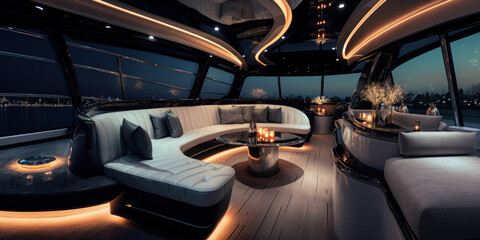 luxury interior of a contemporary design of a living room or space inside a yacht or a sea view...