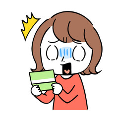 通帳を見てショックを受けている女性