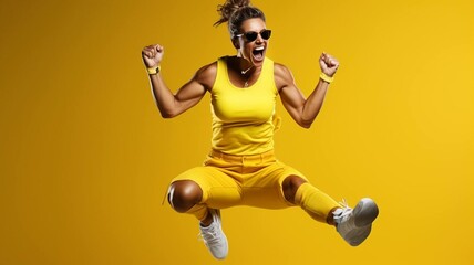 Fototapeta na wymiar Woman jumping on yellow background 