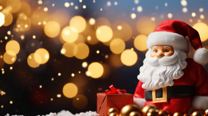 Santa Claus with Christmas gifts background, Festive celebration, Copy space, Father Christmas. Generative AI