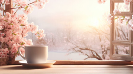 Pink cherry blossom with coffee cup background, Cozy spring vibes, Copy space, Spring floral. Generative AI - obrazy, fototapety, plakaty