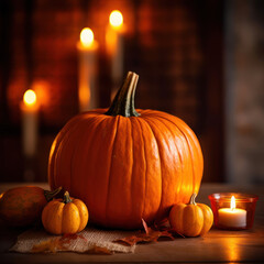  A orange pumpkin in a blazing scene candles 
