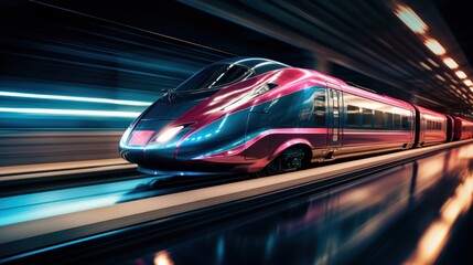 High speed train in motion on the railway, fast moving on railroad with motion hyperspeed motion blur effect, commercial transportation