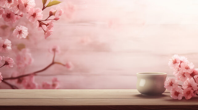 Pink cherry blossom coffee cup background, Cozy spring vibes, Copy space, Spring floral. Generative AI