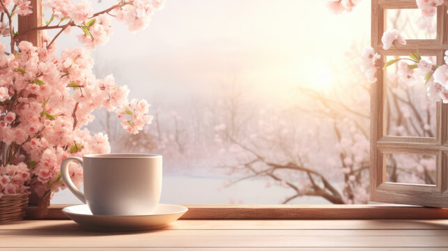 Pink cherry blossom with coffee cup background, Cozy spring vibes, Copy space, Spring floral. Generative AI