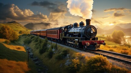 Obraz premium Vintage steam locomotive train in green landscape at sunset or sunrise sky background