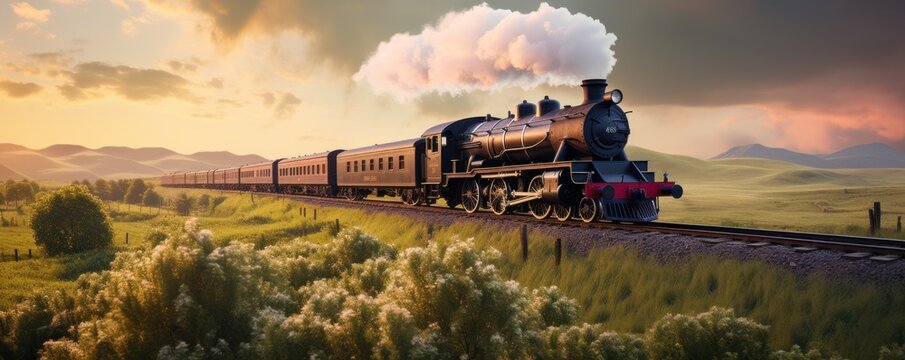 Vintage steam locomotive train in green landscape at sunset or sunrise sky background