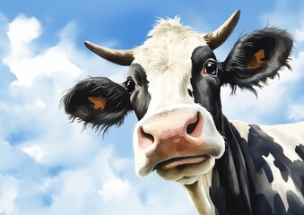 cow face ears illustration blue sky background buddy closeup portrait streaming half body cropping forecasted cartoon ultra humorous oil