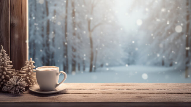 Cup of coffee on table, Winter snow forest vibes, Cozy winter background, Copy space for text. Generative AI