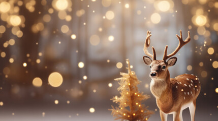 Reindeer doll with Christmas snowy background, Festive winter celebration, Copy space, Merry Xmas. Generative AI - obrazy, fototapety, plakaty