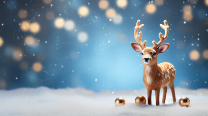 Reindeer doll with Christmas snowy background, Festive winter celebration, Copy space, Merry Xmas. Generative AI