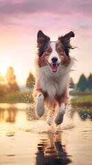 Cute Border Collie Running and Jumping over the Water of the Lake. Reflection over the Water. Golden Hour. Sunset.