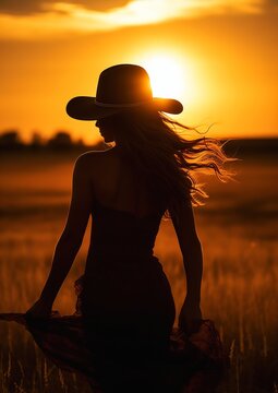 Woman Hat Dress Walking Field Sunset Sky Profile Lower Back Wearing Cowboy Girl Love Binary