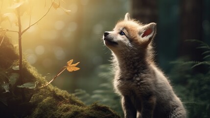 Obraz premium Tiny Wolf Puppy in the middle of the Forest Howling. Sunlight. Sunset. Golden Hour.