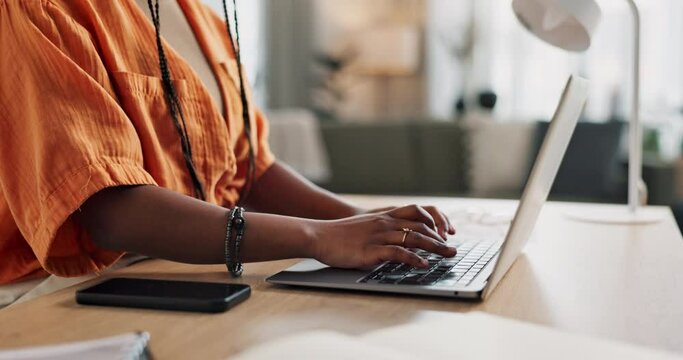 Hands of woman at desk, typing and laptop for remote work, social media or blog post research with in home office. Freelance girl with computer writing email, website or online chat in apartment.