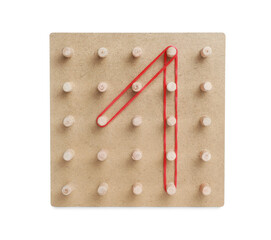 Wooden geoboard with number 1 made of rubber bands isolated on white. Educational toy for motor skills development