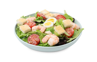 Delicious Caesar salad with shrimps isolated on white