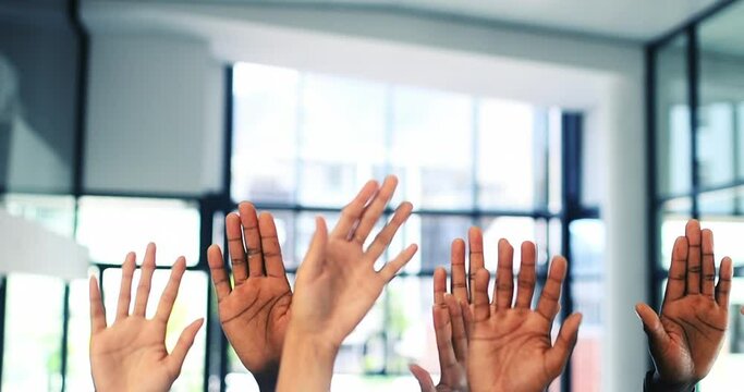 Businesspeople, hands up and collaboration in office for success with trust, support and unity. Diversity, community or teamwork in celebration of international, development or partnership for future