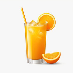 A glass of iced orange juice with pulp and a slice 
