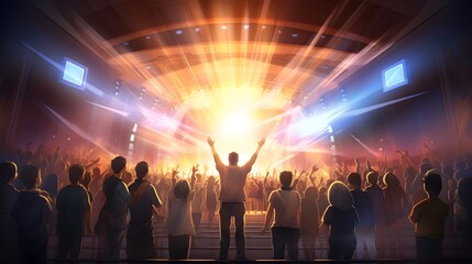 Christian worship God together in Church hall in front of music stage	