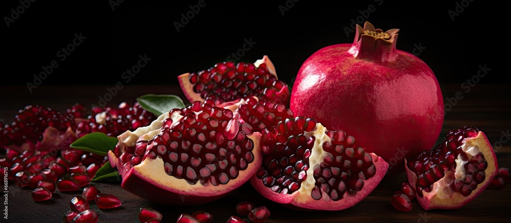 Wall mural Split open pomegranate pieces with visible grains on white background