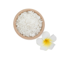 Fototapeta na wymiar Bowl of sea salt and beautiful plumeria flower isolated on white, top view