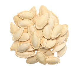 Heap of pumpkin seeds isolated on white, top view