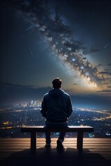 A Man sitting on a bench in the middle of the night watching sky stars.