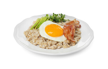 Tasty boiled oatmeal with fried egg, avocado and bacon isolated on white