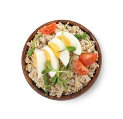 Tasty boiled oatmeal with egg, tomatoes and microgreens isolated on white, top view