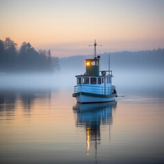 A tug boat on a serene lake at dawn surrounded
 - obrazy, fototapety, plakaty