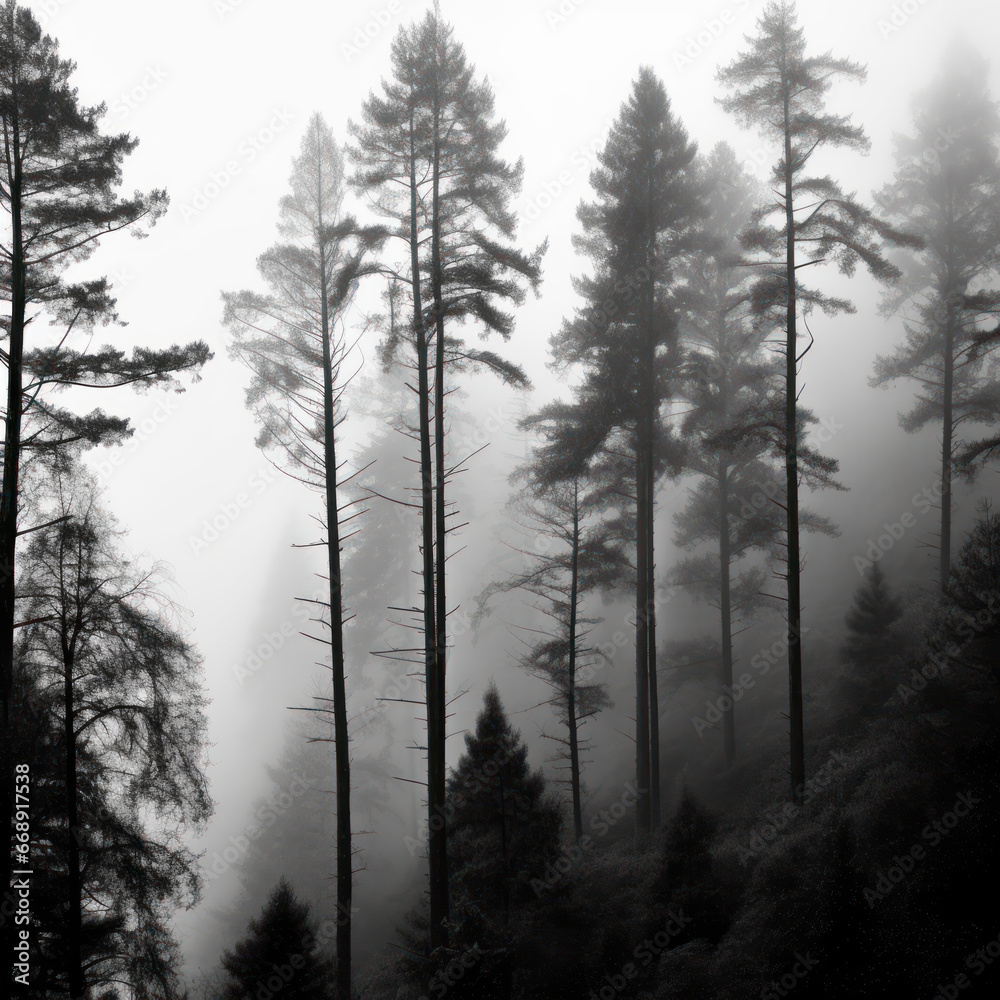 Sticker Dense fog enveloping a forest with trees silhouette
