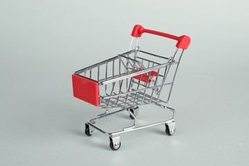 Small metal shopping cart on light background