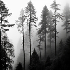 Dense fog enveloping a forest with trees silhouette
