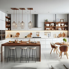 New Clean Contemporary  Minimalistic Interior Modern Scandinavian White and Wooden Contemporary Design Kitchen with a Marble Countertop, Hanging Lights, Cabinets, Shelves, and an Island and Stools