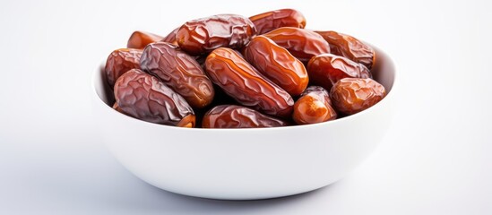 Dried dates in a white bowl viewed from above