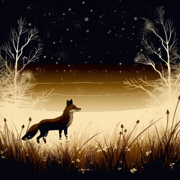 Fox prowling in a moonlit field 
