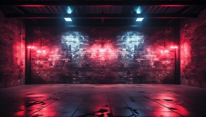 Neon light on brick walls that are not plastered background and texture. Red and blue neon