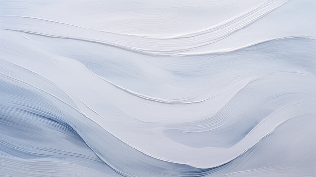 Impasto paint wavy brushstrokes. White and blue abstract waves grunge brush strokes texture background. Minimalist art ocean waves acrylic, oil painting backdrop. Winter weather copy space banner art